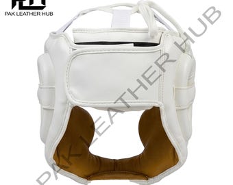 Customized White Leather Boxing Head Guard – Full Face Protective Sparring Helmet for MMA, Kickboxing, Gift