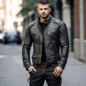 Puede incluir: Una chaqueta de cuero gris carbón desgastado con cuello alzado y botones a presión, acolchado horizontal en hombros y mangas, múltiples bolsillos con cremallera en el pecho y correas laterales ajustables en la cintura sobre una camisa negra.