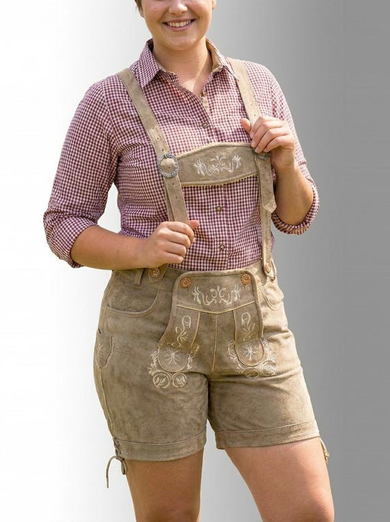 ladies lederhosen fancy dress Womens Lederhosen, Authentic German Leather Shorts with Suspenders, Hand Stitched Bavarian Trachten, Oktoberfest Costume, Gift for Her Halter prom dress