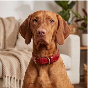 Könnte beinhalten: Ein glatthaariger, goldbrauner Hund mit Schlappohren trägt ein leuchtend rotes Lederhalsband. Das Halsband verfügt über eine robuste, messingfarbene Metallschnalle und einen passenden D-Ring für die Leine, gesichert durch eine Lederschlaufe.