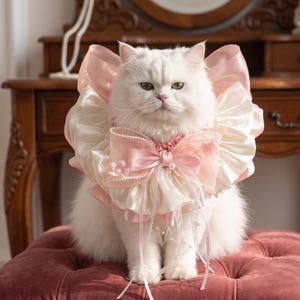 Sakura Pink Pet Collar | Ruffled Cat and Dog Neckwear with Bow & Pearls | Cute Kitten Puppy Accessories | 4 Sizes S-XL