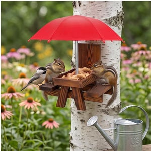 Mangiatoia in legno per scoiattoli, tavolo da picnic con ombrellone rosso, porta pannocchie per scoiattoli striati per la fauna selvatica del giardino, decorazione per esterni.