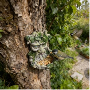 Green Man Tree Face Bird Feeder, Resin Tree Spirit Seed Tray, Fairy Garden Decor, Outdoor Yard Art, Unique Woodland Gift for Nature Lover