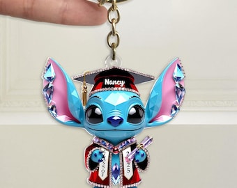 Personalized Stitch Graduation Keychain | Custom Class of 2025 Acrylic Charm | Unique Rhinestone Graduate Gift