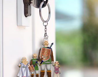 Personalized Zelda Dad Keychain with Kids Names | Custom Gamer Father's Day Gift | Link Family Acrylic Keyring for Papa