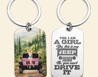 Personalized Jeep Girl Keychain with Name, Custom Off-Road Car Girl Gift for Her, Stainless Steel Driver Keyring