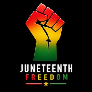 Peut inclure: Un design graphique repr&eacute;sentant une silhouette de poing lev&eacute; avec un d&eacute;grad&eacute; de couleurs rouge, jaune et vert sur fond noir. Sous le poing, le texte JUNETEENTH FREEDOM est &eacute;crit en lettres blanches et color&eacute;es, avec une petite &eacute;toile jaune centr&eacute;e.