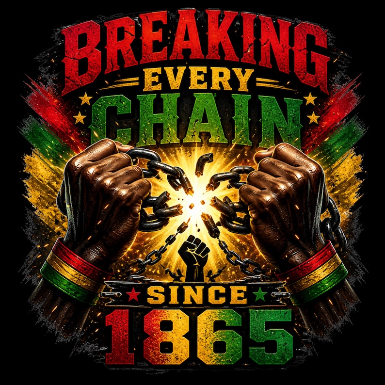 Peut inclure: Un design graphique montrant deux poings &agrave; la peau fonc&eacute;e brisant une cha&icirc;ne en m&eacute;tal, avec le texte BREAKING EVERY CHAIN SINCE 1865. Le motif int&egrave;gre des couleurs rouge, jaune et verte, un &eacute;clat lumineux central et une silhouette de poing lev&eacute;.