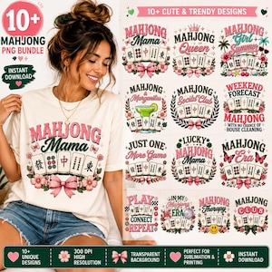 May include: A digital bundle of 10 Mahjong-themed graphic designs featuring various phrases like Mahjong Mama, Mahjong Queen, and Mahjong Era, decorated with Mahjong tiles, pink bows, flowers, and butterflies, presented as a collection of PNG files.