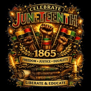 Peut inclure: Un design graphique avec le texte CELEBRATE JUNETEENTH, 1865, FREEDOM JUSTICE EQUALITY et LIBERATE & EDUCATE. Trois poings lev&eacute;s sont centr&eacute;s, entour&eacute;s de drapeaux aux bandes rouges, noires et vertes, au-dessus de livres empil&eacute;s et d'un parchemin.