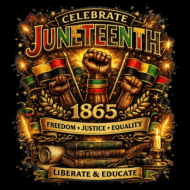 Peut inclure: Un design graphique avec le texte CELEBRATE JUNETEENTH, 1865, FREEDOM JUSTICE EQUALITY et LIBERATE & EDUCATE. Trois poings lev&eacute;s sont centr&eacute;s, entour&eacute;s de drapeaux aux bandes rouges, noires et vertes, au-dessus de livres empil&eacute;s et d'un parchemin.