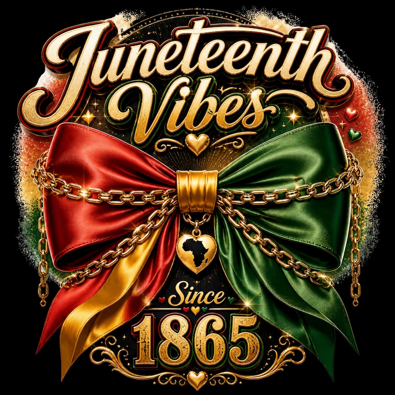Peut inclure: Un graphisme affichant le texte Juneteenth Vibes et Since 1865 en lettres dor&eacute;es. Un grand n&oelig;ud en satin rouge et vert est orn&eacute; de cha&icirc;nes dor&eacute;es et d'un pendentif en forme de c&oelig;ur contenant une carte de l'Afrique, sur un fond circulaire.