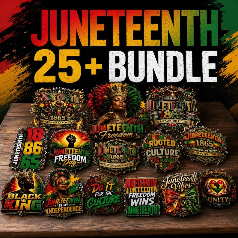 Peut inclure: Un ensemble num&eacute;rique de designs graphiques sur le th&egrave;me du Juneteenth avec des textes comme Juneteenth 1865, Freedom, Rooted in Culture et Black King. La collection inclut des illustrations de poings lev&eacute;s, couronnes, c&oelig;urs et n&oelig;uds en rouge, jaune, vert et noir.