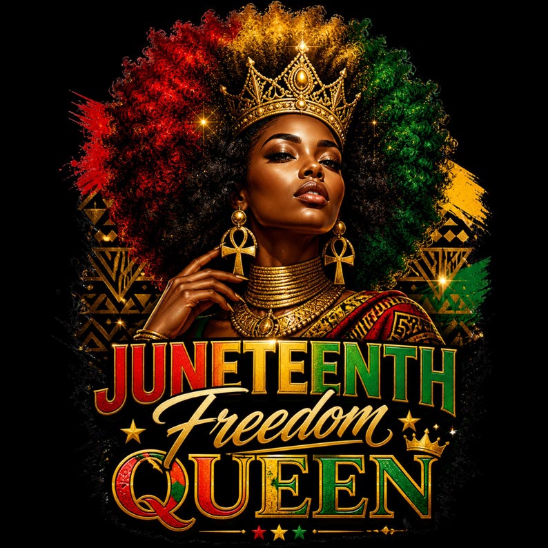 Peut inclure: Une illustration graphique repr&eacute;sentant une personne avec une grande coiffure afro aux tons rouge, or et vert, portant une couronne dor&eacute;e, des boucles d'oreilles ankh et un collier superpos&eacute;. Le texte indique JUNETEENTH Freedom QUEEN.