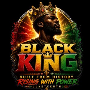 Peut inclure: Une illustration graphique d'un homme noir portant une couronne dor&eacute;e avec des bijoux rouges et verts. Le texte indique BLACK KING, BUILT FROM HISTORY, RISING WITH POWER, JUNETEENTH. Le design pr&eacute;sente des couleurs rouge, or et verte.