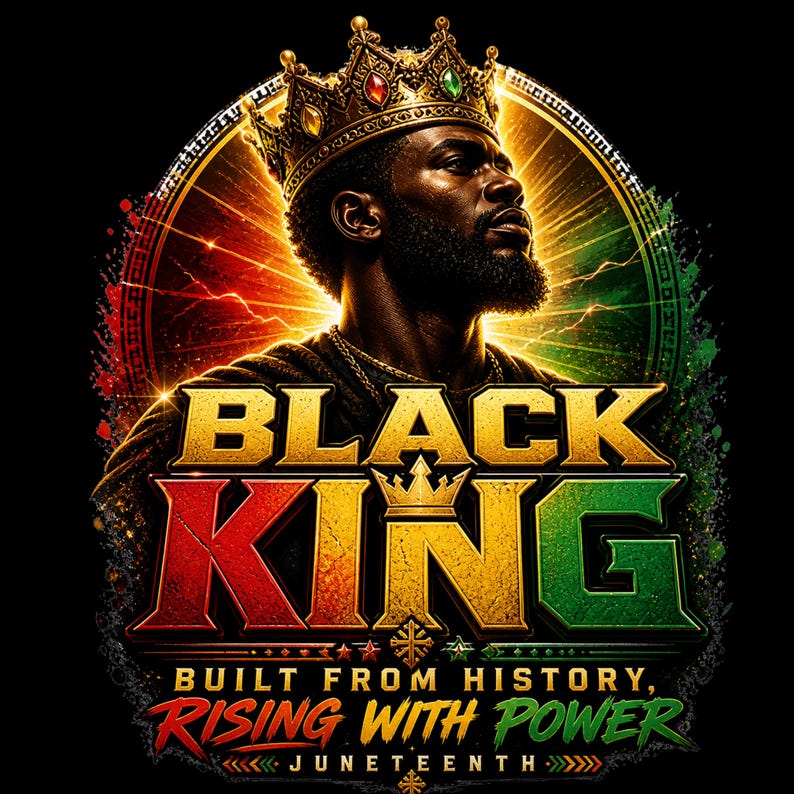 Peut inclure: Une illustration graphique d'un homme noir portant une couronne dor&eacute;e avec des bijoux rouges et verts. Le texte indique BLACK KING, BUILT FROM HISTORY, RISING WITH POWER, JUNETEENTH. Le design pr&eacute;sente des couleurs rouge, or et verte.