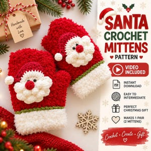 CROCHET PATTERN and video | Crochet Mittens Pattern, Santa Christmas Mittens, Plush Winter Mittens, Easy Holiday Crochet Gift, PDF Download