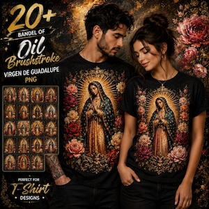 May include: Black t-shirts featuring a religious image of the Virgin of Guadalupe, surrounded by flowers. The image includes the text "20+ BANDEL OF Oil Brushstroke VIRGEN DE GUADALUPE PNG PERFECT FOR T-Shirt DESIGNS".