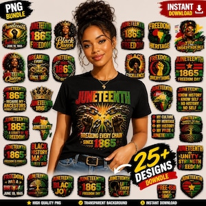 May include: A woman wearing a black t-shirt with the word "Juneteenth" and the phrase "Breaking Every Chain Since 1865." The image includes 25+ designs with Juneteenth themes, including "Freedom" and "Black Queen."