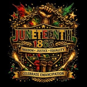 Peut inclure: Un graphisme repr&eacute;sentant un poing lev&eacute; brisant une cha&icirc;ne au-dessus d'une banni&egrave;re avec le texte JUNETEENTH 1865, FREEDOM JUSTICE EQUALITY et CELEBRATE EMANCIPATION. L'illustration utilise des couleurs rouge, verte et dor&eacute;e avec des &eacute;toiles.