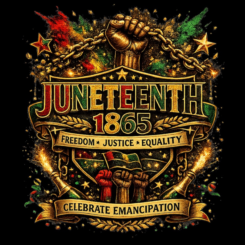 Peut inclure: Un graphisme repr&eacute;sentant un poing lev&eacute; brisant une cha&icirc;ne au-dessus d'une banni&egrave;re avec le texte JUNETEENTH 1865, FREEDOM JUSTICE EQUALITY et CELEBRATE EMANCIPATION. L'illustration utilise des couleurs rouge, verte et dor&eacute;e avec des &eacute;toiles.