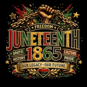 Peut inclure: Un graphisme repr&eacute;sentant un poing lev&eacute; tenant une cha&icirc;ne dor&eacute;e au-dessus du texte JUNETEENTH 1865. Le design inclut les mots FREEDOM, UNITY, HISTORY, CULTURE, PRIDE et OUR LEGACY OUR FUTURE, agr&eacute;ment&eacute; d'un c&oelig;ur et d'&eacute;toiles en rouge, noir et vert.