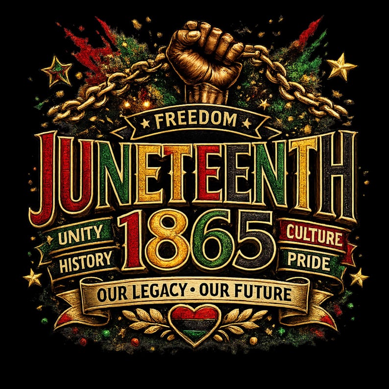 Peut inclure: Un graphisme repr&eacute;sentant un poing lev&eacute; tenant une cha&icirc;ne dor&eacute;e au-dessus du texte JUNETEENTH 1865. Le design inclut les mots FREEDOM, UNITY, HISTORY, CULTURE, PRIDE et OUR LEGACY OUR FUTURE, agr&eacute;ment&eacute; d'un c&oelig;ur et d'&eacute;toiles en rouge, noir et vert.