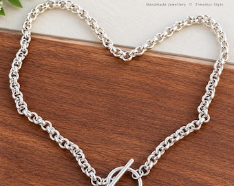 Collana con chiusura a moschettone in argento sterling 925 realizzata a mano - Catena spessa Rolo Belcher con chiusura a moschettone, gioiello regalo