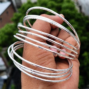 Handmade Hammered Sterling Silver Bangles Set 7, Stackable Thin ,Textured Bracelet Minimalist Jewelry Gift