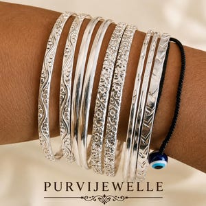 Ensemble de joncs empilables en argent sterling fait main : empilage de bracelets ethniques indiens boho kada