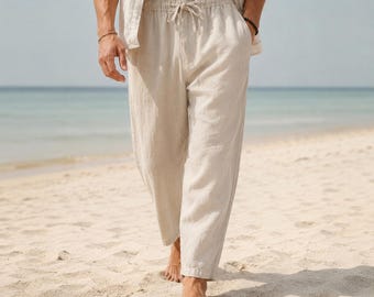 Pantalones de lino y algodón para hombre, pantalones casuales de pierna ancha, pantalones de playa de corte relajado para verano, atuendo transpirable para vacaciones, pantalones con cordón ajustable.