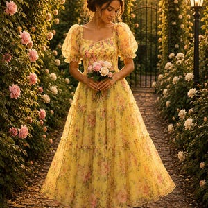 May include: A yellow midi dress featuring a floral print with pink roses and green leaves, a square neckline, puffed short sleeves, a smocked bodice, and a tiered skirt. The dress is made of a sheer, lightweight fabric and is worn with beige sandals.