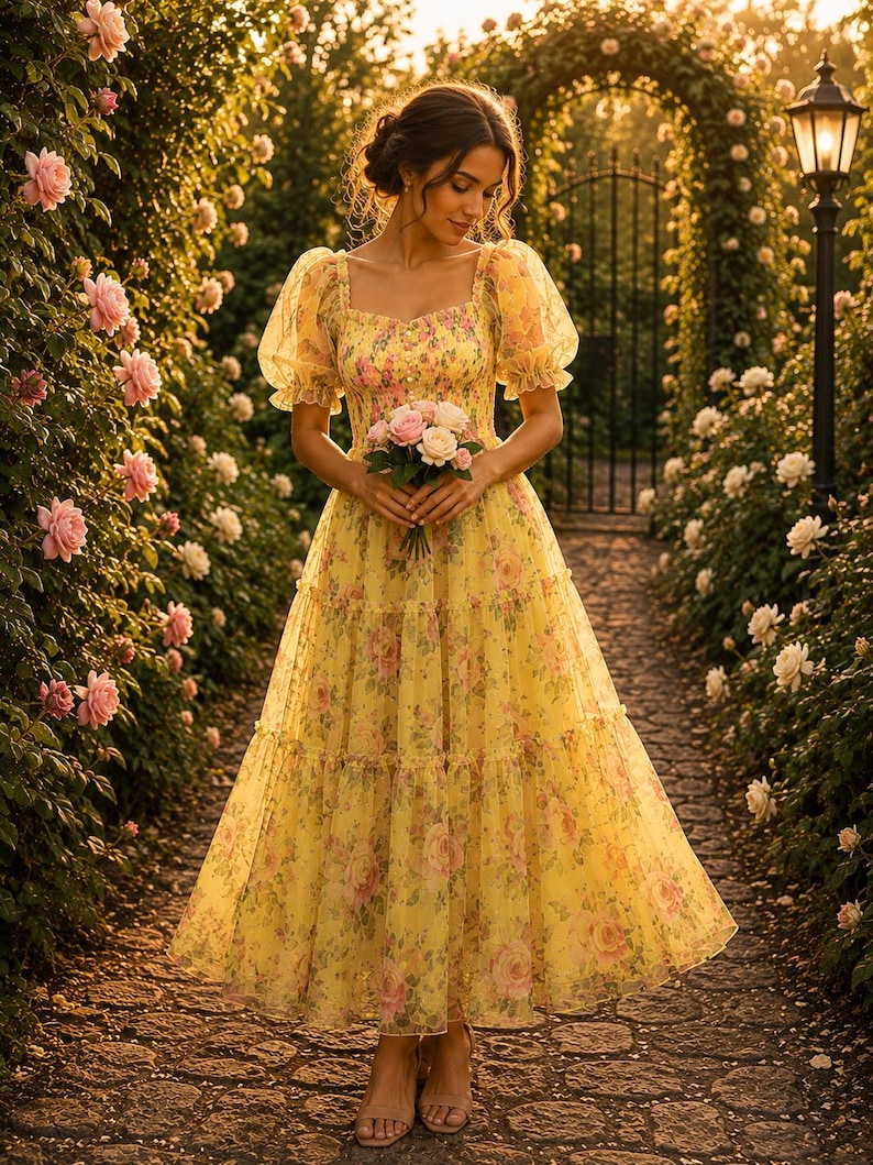 May include: A yellow midi dress featuring a floral print with pink roses and green leaves, a square neckline, puffed short sleeves, a smocked bodice, and a tiered skirt. The dress is made of a sheer, lightweight fabric and is worn with beige sandals.