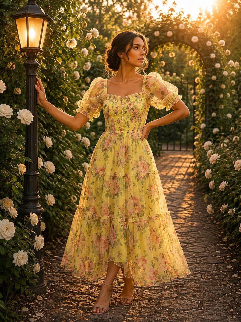 May include: A yellow midi dress featuring a floral print, a square neckline, puffed short sleeves, and a smocked bodice with a row of small buttons down the center. The skirt is tiered and flows to a mid-calf length, crafted from a sheer fabric.