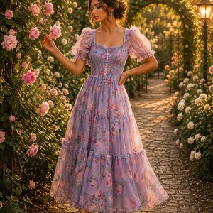 May include: A lavender midi dress featuring a square neckline, short puff sleeves, and a smocked bodice with a vertical row of buttons. The dress is crafted from a sheer, layered fabric adorned with a pink and green floral print pattern.