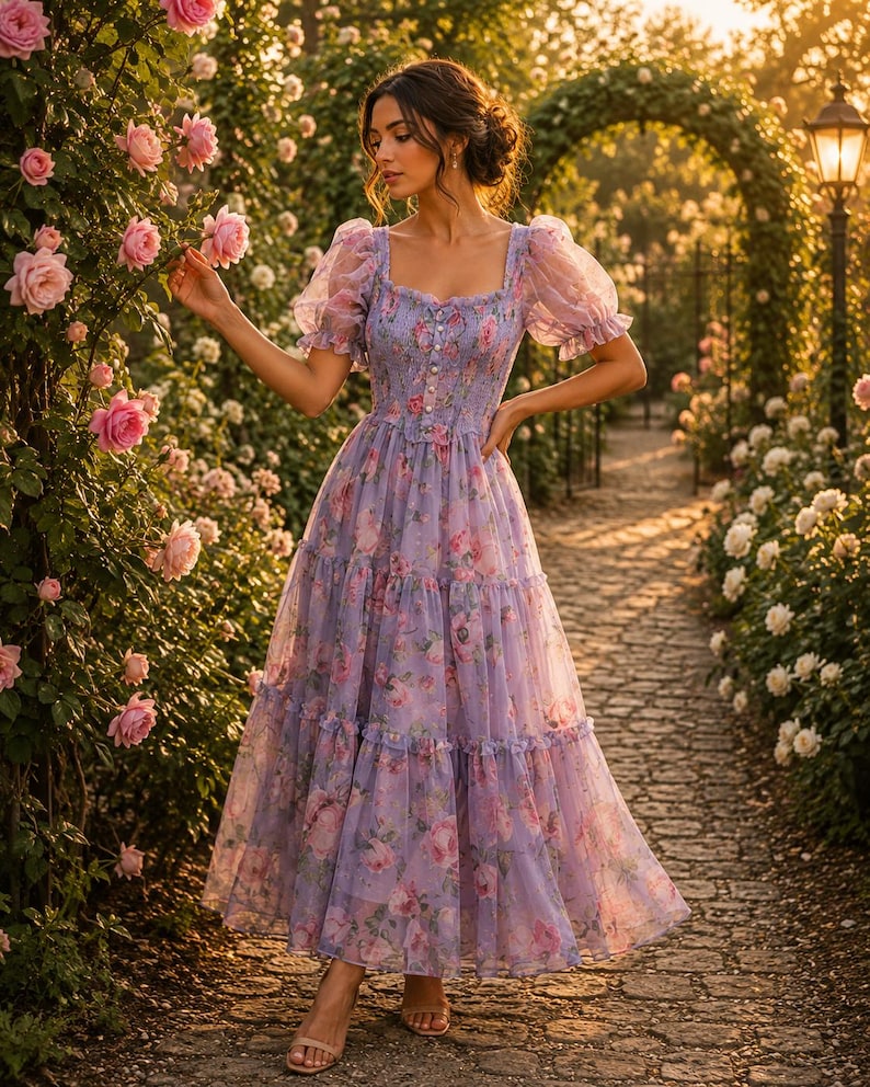 May include: A lavender midi dress featuring a square neckline, short puff sleeves, and a smocked bodice with a vertical row of buttons. The dress is crafted from a sheer, layered fabric adorned with a pink and green floral print pattern.