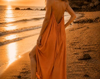 Women Backless Maxi Dress, Open Back Sleeveless Sundress, Casual Loose Summer Dress, Beach Vacation Outfit, Flowy Lounge Dress