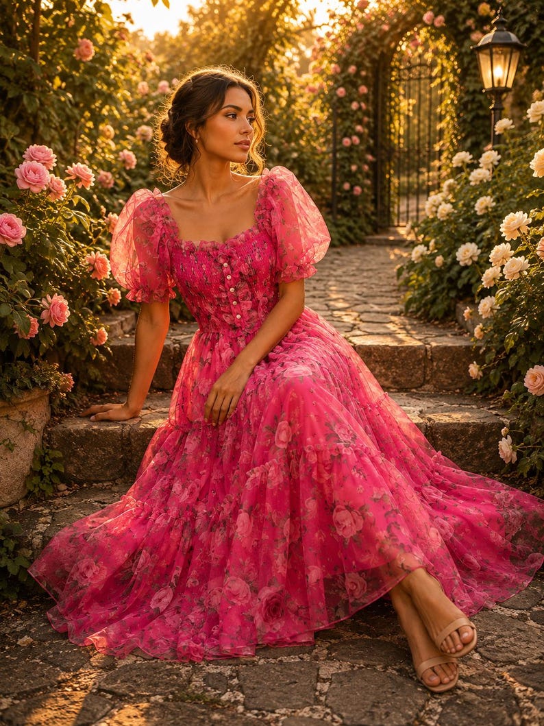 May include: A vibrant fuchsia midi dress featuring a square neckline, short puff sleeves, and a button-down bodice. The dress is crafted from a sheer, layered fabric adorned with a dark pink floral print, flowing into a tiered, ruffled skirt.