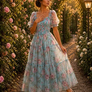 May include: A light blue midi dress featuring a floral pattern of pink roses and green leaves. The dress has a square neckline, short puff sleeves, a smocked bodice with a central button detail, and a tiered, flowing skirt made of sheer fabric.