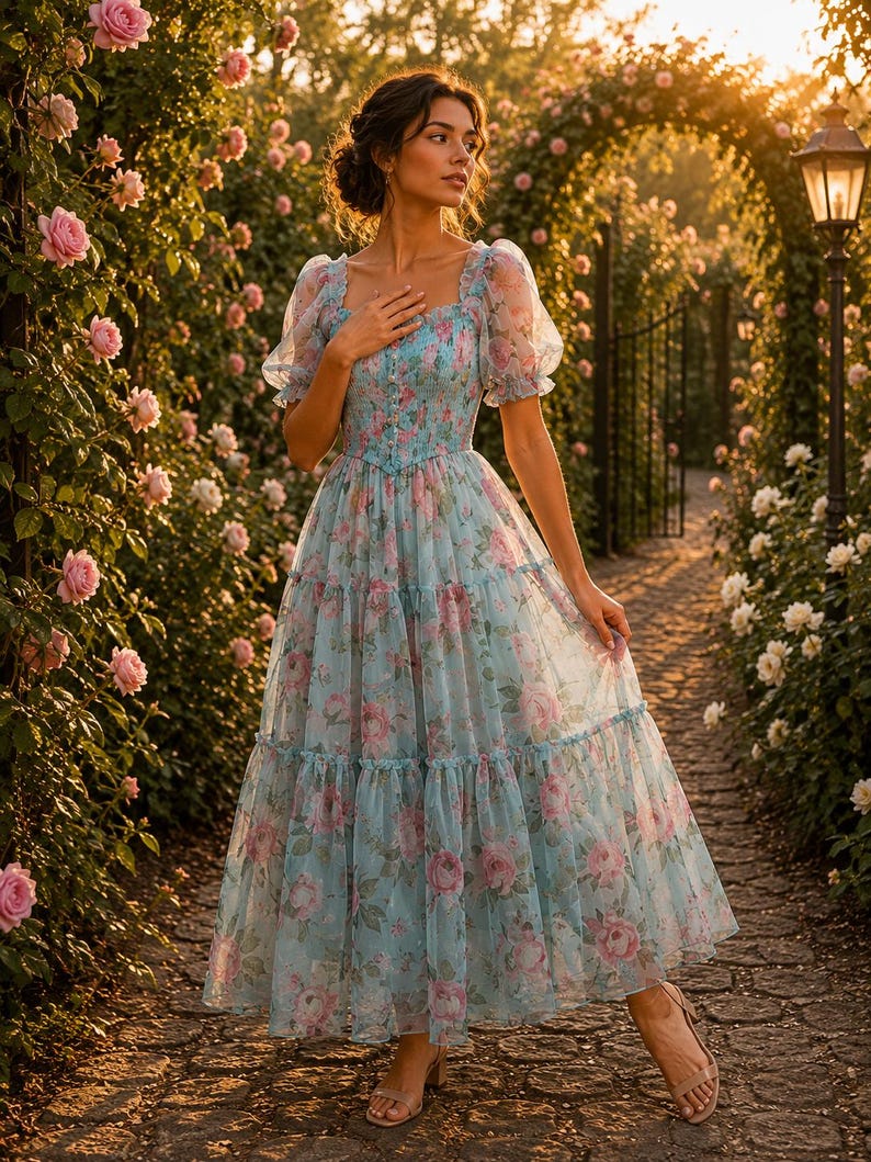 May include: A light blue midi dress featuring a floral pattern of pink roses and green leaves. The dress has a square neckline, short puff sleeves, a smocked bodice with a central button detail, and a tiered, flowing skirt made of sheer fabric.