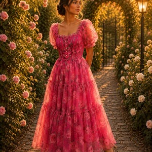 May include: A floor-length pink dress featuring a floral pattern, puff sleeves, a square neckline, and a button-down bodice. The garment is crafted from a sheer, layered tulle fabric with a tiered skirt design that falls to the ankles.