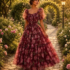 May include: A floor-length dress in a deep burgundy hue featuring a vibrant pink and red rose floral pattern. The garment has short puffed sleeves, a square neckline, a fitted bodice with a vertical row of buttons, and a full, tiered skirt.