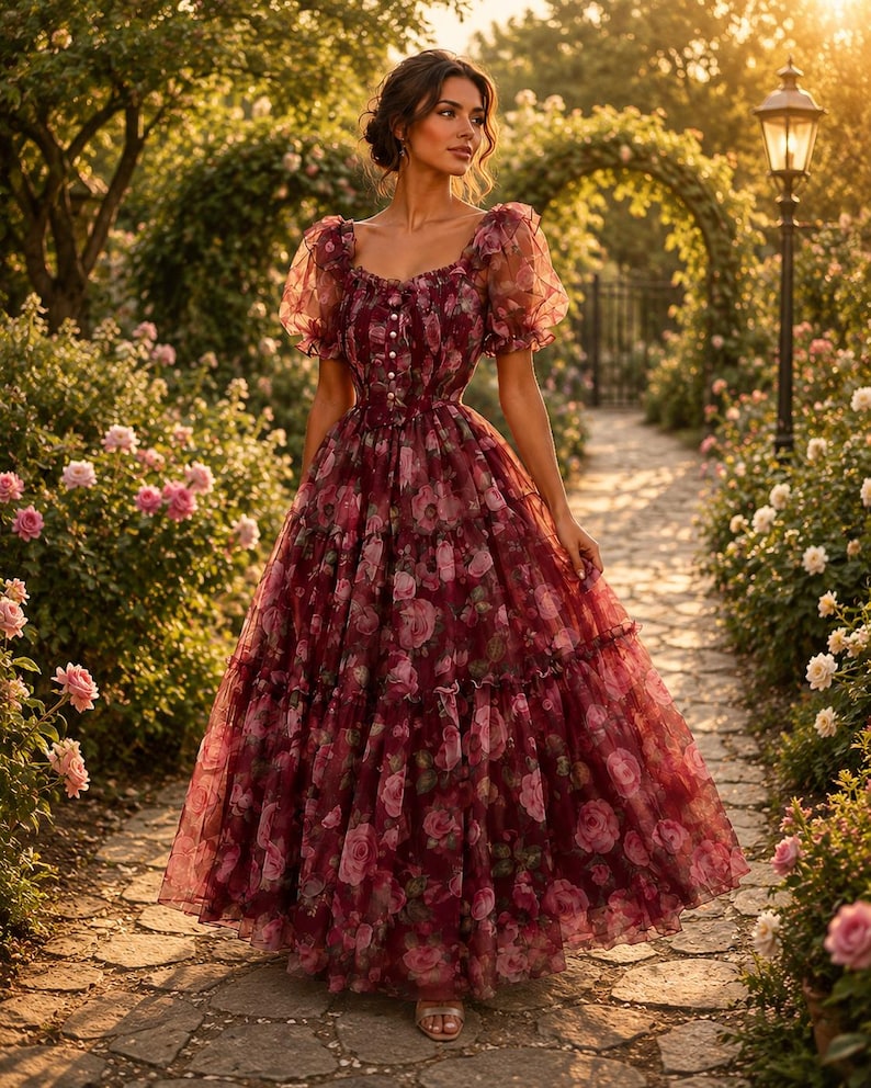 May include: A floor-length dress in a deep burgundy hue featuring a vibrant pink and red rose floral pattern. The garment has short puffed sleeves, a square neckline, a fitted bodice with a vertical row of buttons, and a full, tiered skirt.