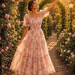 May include: A floor-length dress featuring a square neckline, short puff sleeves, and a smocked bodice. The garment is made of a sheer, light-colored fabric adorned with a pink and green floral print, finished with a tiered, ruffled skirt.