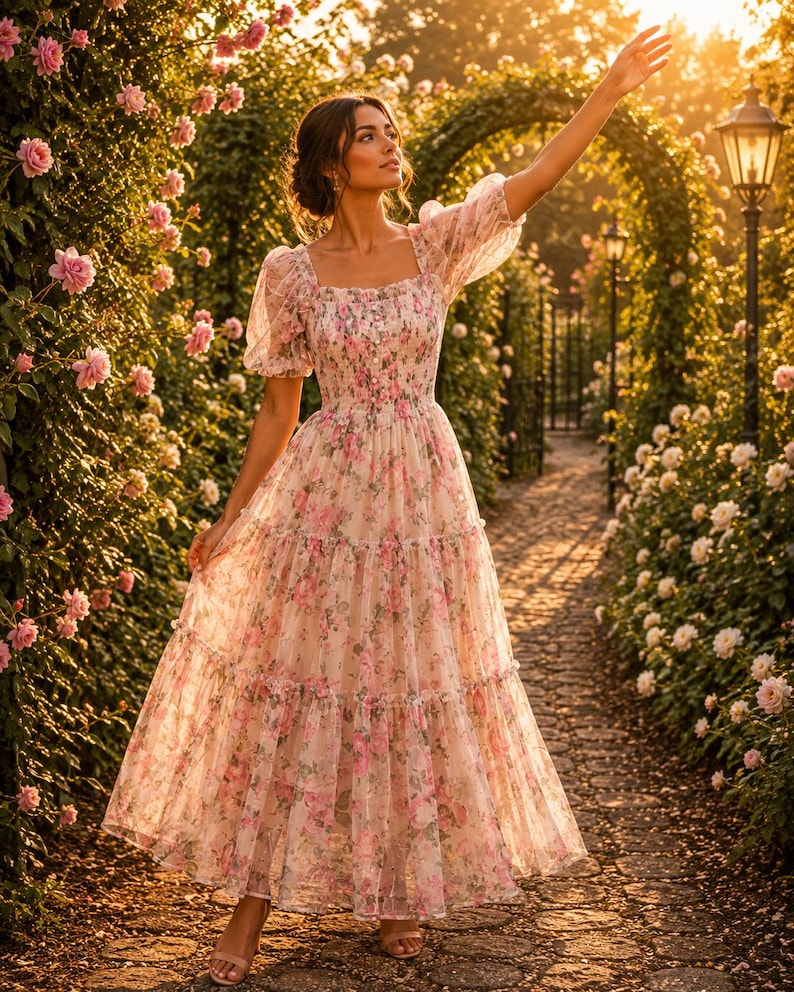 May include: A floor-length dress featuring a square neckline, short puff sleeves, and a smocked bodice. The garment is made of a sheer, light-colored fabric adorned with a pink and green floral print, finished with a tiered, ruffled skirt.