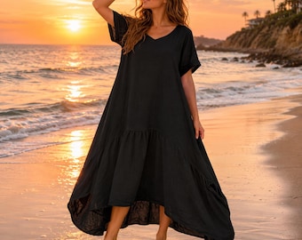 Cotton Linen Summer Dress, Casual Round Neck Maxi Dress with Pockets, Loose Boho Vacation Dress, Holiday Beach Resort Outfit