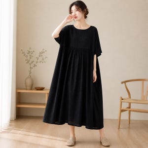 Casual katoenen losse midi-jurk, vintage effen kamerjas met korte mouw, zomerse plus size elegante jurk, casual lounge homewear