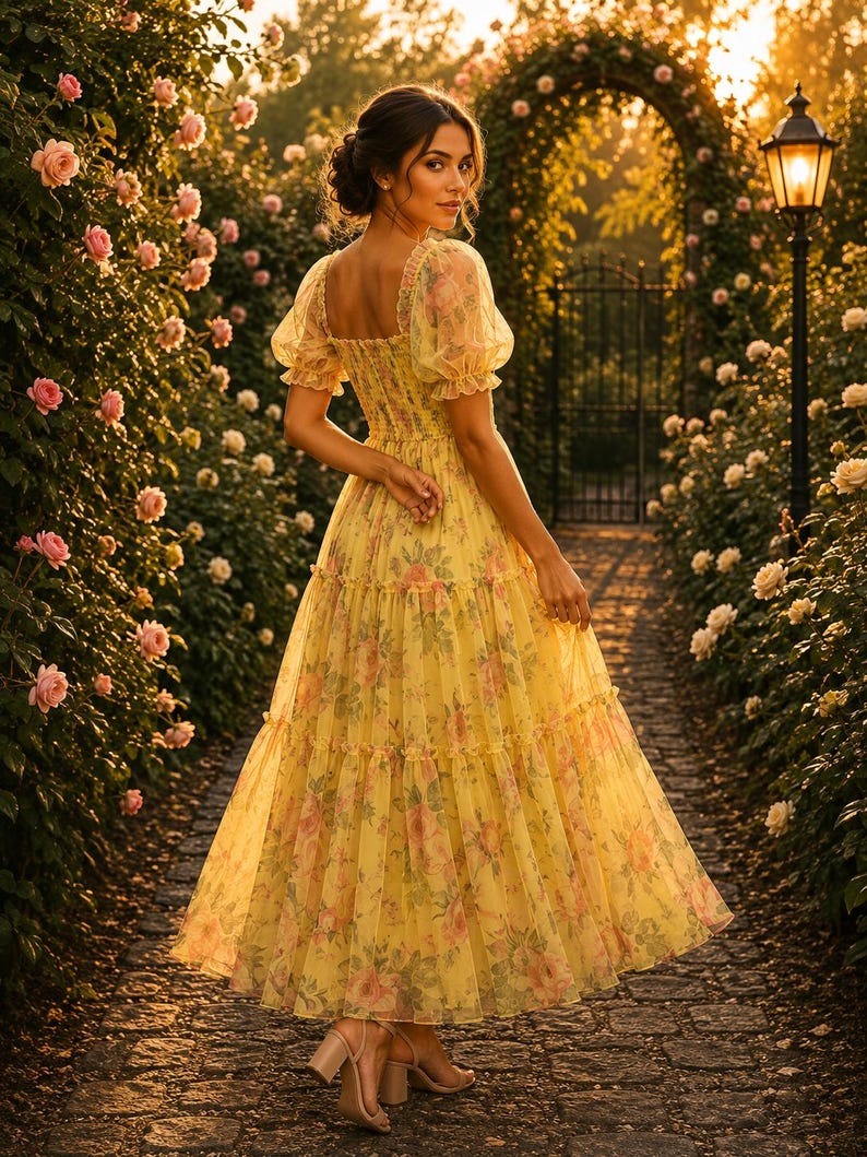 May include: A yellow midi dress featuring a square neckline, short puff sleeves, and a smocked bodice. The skirt is tiered and made of a sheer, layered fabric with a floral print in shades of pink and green. The dress is paired with beige sandals.