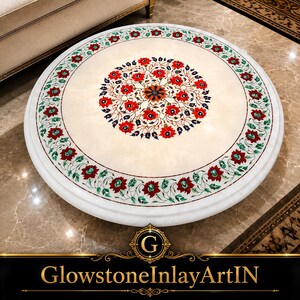 Piano tavolo rotondo con intarsi in marmo da 91 cm / Piano tavolo in marmo Pietra Dura realizzato a mano / Piano tavolo da pranzo di lusso / Senza supporto
