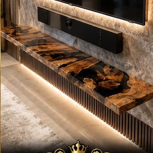 Live Edge Epoxy River Floating TV Console | Wall Mounted Media Console | Handmade Wood TV Unit | Modern Entertainment Shelf